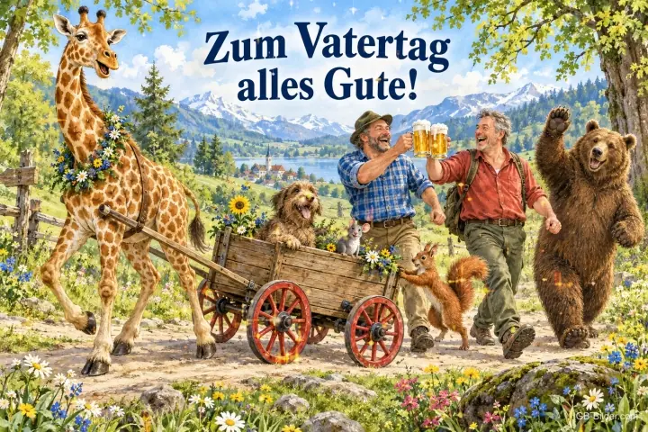 Giraffe zieht einen Bollerwagen, zwei Männer stoßen mit Bier an, Bär und Eichhörnchen laufen mit, Text: Zum Vatertag alles Gute!