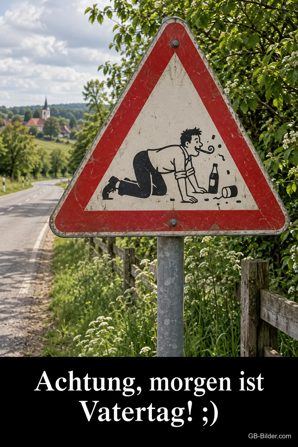 Warnschild mit kriechendem Mann und Flaschen an einer Landstraße, Text: Achtung, morgen ist Vatertag! ;)