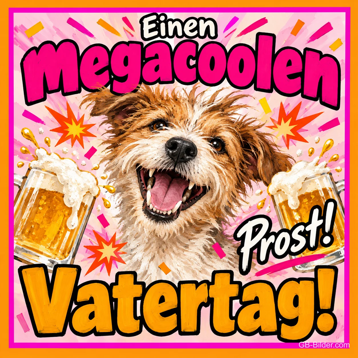 Zotteliger Hund lacht zwischen zwei schäumenden Bierkrügen, Text: Einen megacoolen Vatertag! Prost!
