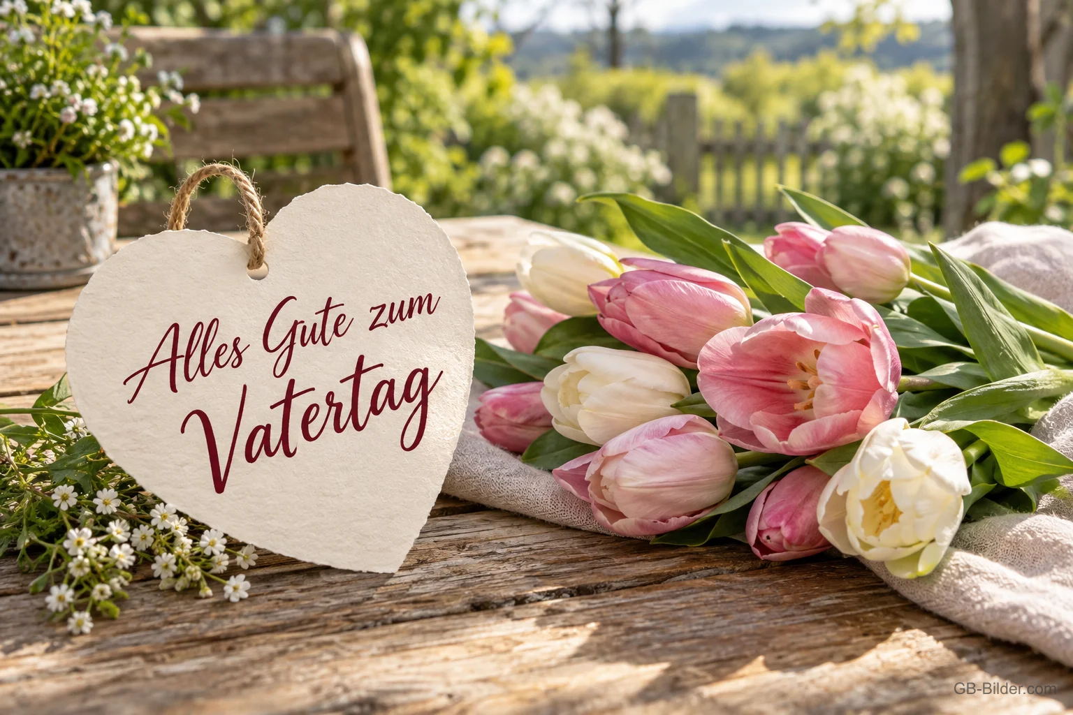 Papierherz mit Schrift neben rosa Tulpen, Text: Alles Gute zum Vatertag