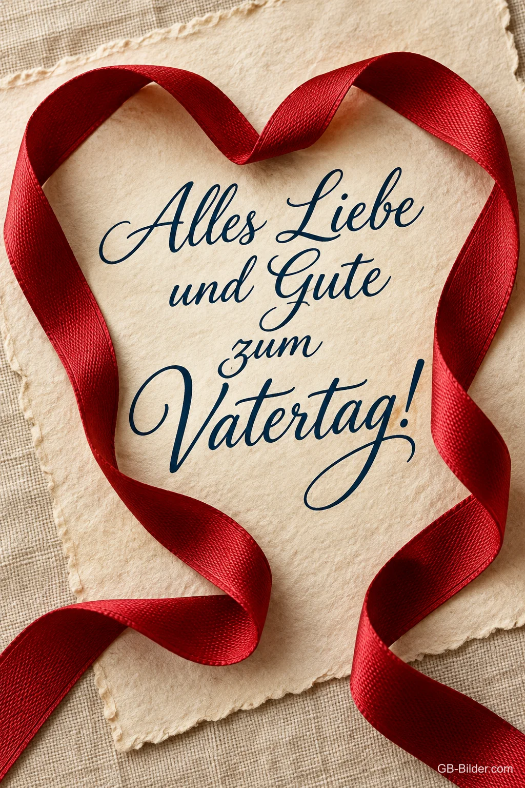 Herz aus rotem Satinband auf Büttenpapier, Text: Alles Liebe und Gute zum Vatertag!