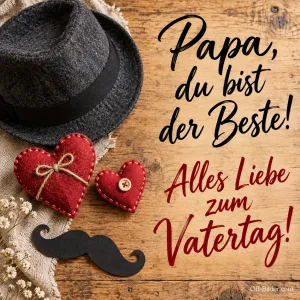 Hut, Stoffherzen und Schnurrbart auf Holz, Text: Papa, du bist der Beste! – Alles Liebe zum Vatertag!