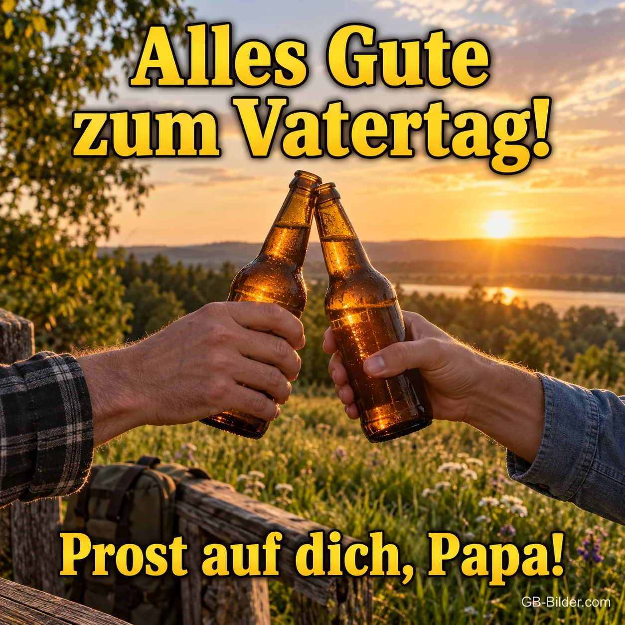 Zwei Hände stoßen mit Bierflaschen im Sonnenuntergang an, Text: Alles Gute zum Vatertag! – Prost auf dich, Papa!