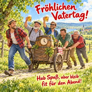 Männer ziehen lachend einen Bollerwagen mit Fass und Uhr, Text: Fröhlichen Vatertag! – Hab Spaß, aber bleib fit für den Abend!