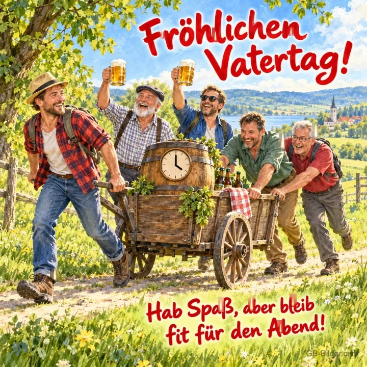 Männer ziehen lachend einen Bollerwagen mit Fass und Uhr, Text: Fröhlichen Vatertag! – Hab Spaß, aber bleib fit für den Abend! Männer ziehen lachend einen Bollerwagen mit Fass und Uhr, Text: Fröhlichen Vatertag! – Hab Spaß, aber bleib fit für den Abend!