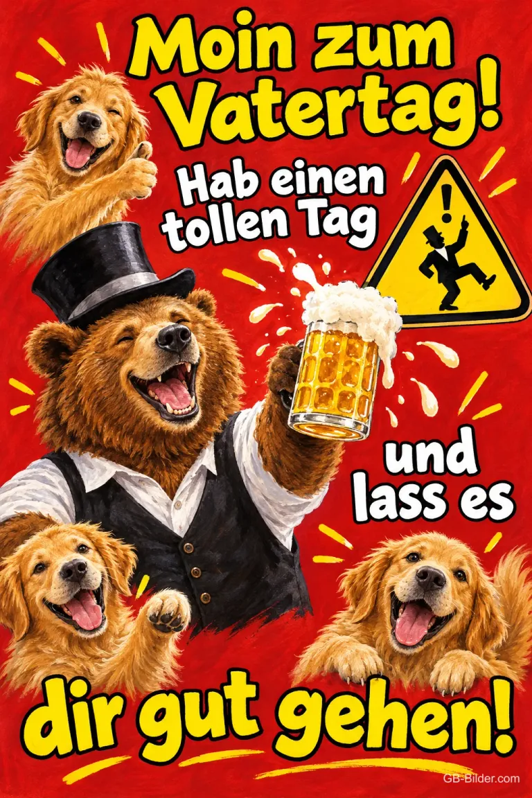 Bär mit Zylinder prostet mit Bierkrug, drei lachende Bären drumherum, Text: Moin zum Vatertag! Hab einen tollen Tag und lass es dir gut gehen!