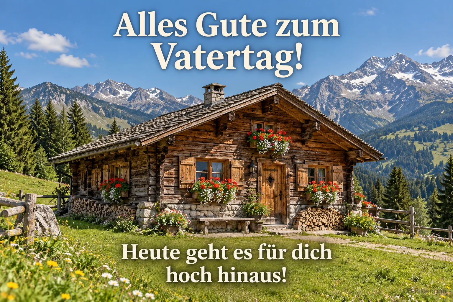 Berghütte mit Blumenkästen vor schneebedeckten Alpengipfeln, Text: Alles Gute zum Vatertag! Heute geht es für dich hoch hinaus! Berghütte mit Blumenkästen vor schneebedeckten Alpengipfeln, Text: Alles Gute zum Vatertag! Heute geht es für dich hoch hinaus!