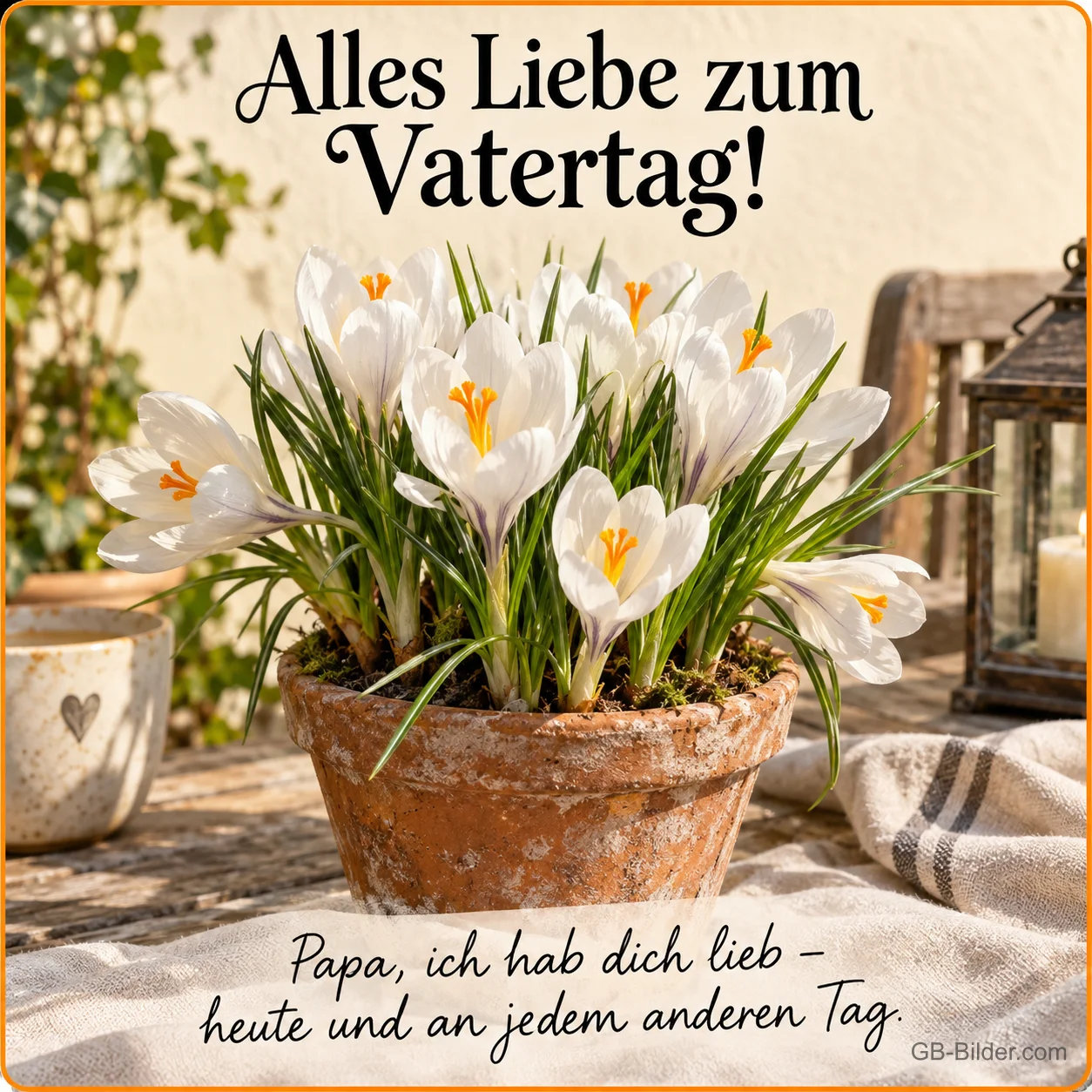 Weiße Krokusse in einem Tontopf auf einem Gartentisch, Text: Alles Liebe zum Vatertag! – Papa, ich hab dich lieb – heute und an jedem anderen Tag. Weiße Krokusse in einem Tontopf auf einem Gartentisch, Text: Alles Liebe zum Vatertag! – Papa, ich hab dich lieb – heute und an jedem anderen Tag.
