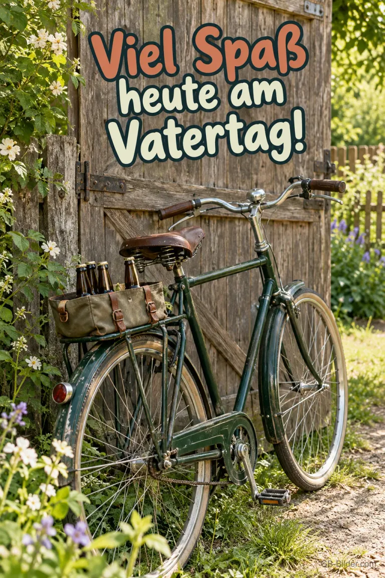 Altes Fahrrad mit Flaschen in der Satteltasche an einem Holztor, Text: Viel Spaß heute am Vatertag!