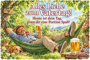 Mann liegt mit Bier in einer Hängematte, Hund schläft daneben, Text: Alles Liebe zum Vatertag! – Heute ist dein Tag, gönn dir eine Portion Spaß!