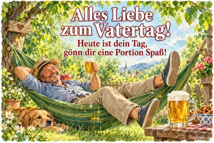 Mann liegt mit Bier in einer Hängematte, Hund schläft daneben, Text: Alles Liebe zum Vatertag! – Heute ist dein Tag, gönn dir eine Portion Spaß! Mann liegt mit Bier in einer Hängematte, Hund schläft daneben, Text: Alles Liebe zum Vatertag! – Heute ist dein Tag, gönn dir eine Portion Spaß!