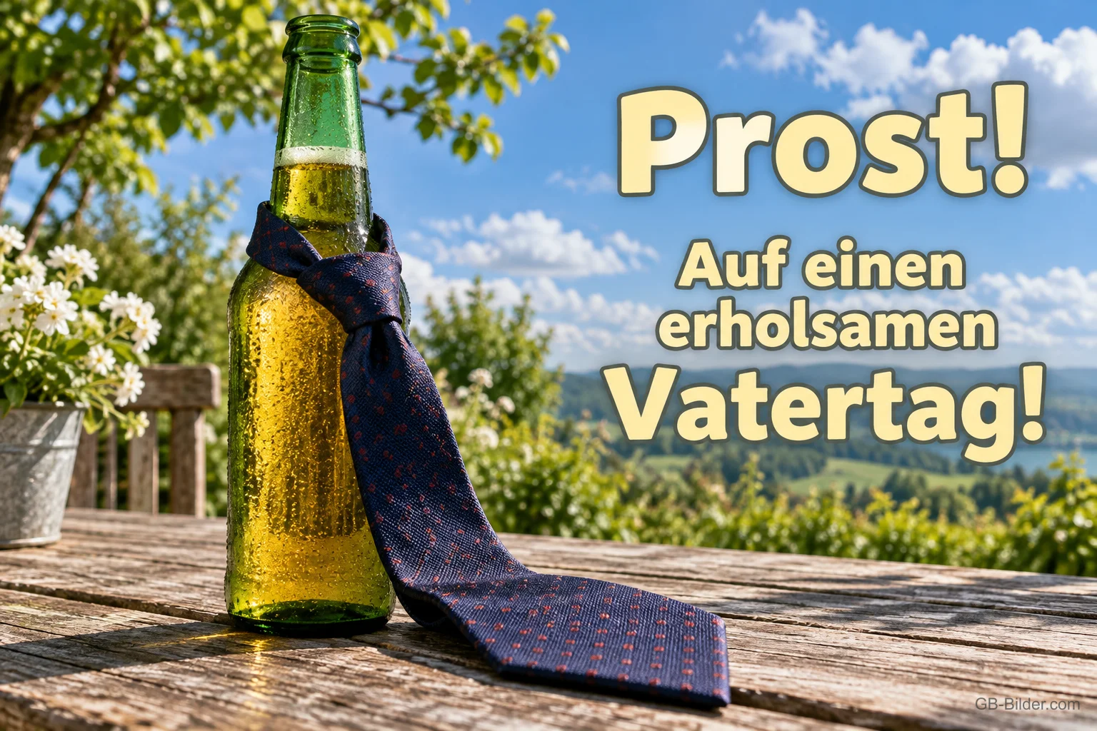 Bierflasche mit Krawatte auf einem Gartentisch, Text: Prost! – Auf einen erholsamen Vatertag! Bierflasche mit Krawatte auf einem Gartentisch, Text: Prost! – Auf einen erholsamen Vatertag!