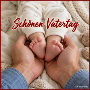 Vaterhände halten zwei Babyfüße, Text: Schönen Vatertag