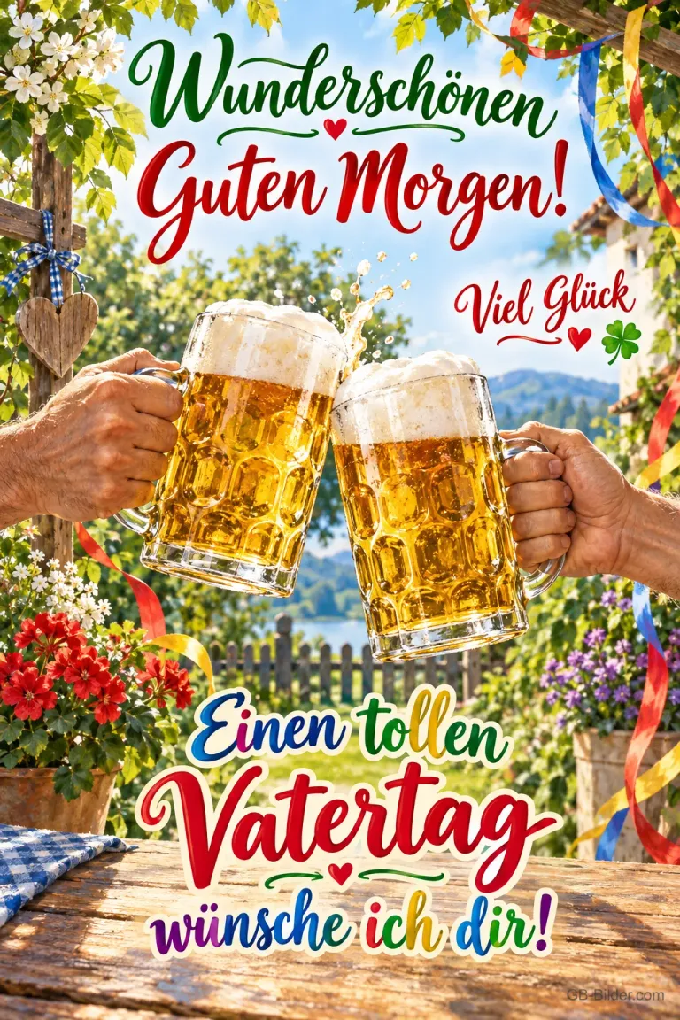Zwei Hände stoßen mit Bierkrügen in einem Biergarten mit Wimpeln an, Text: Wunderschönen Guten Morgen! – Viel Glück! Einen tollen Vatertag wünsche ich dir!