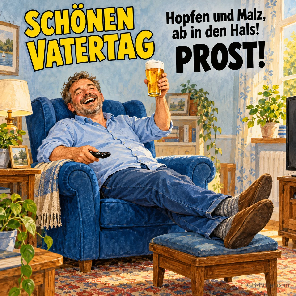 Lachender Mann mit Bierglas und Fernbedienung im Sessel, Text: SCHÖNEN VATERTAG – Hopfen und Malz, ab in den Hals! PROST! Lachender Mann mit Bierglas und Fernbedienung im Sessel, Text: SCHÖNEN VATERTAG – Hopfen und Malz, ab in den Hals! PROST!