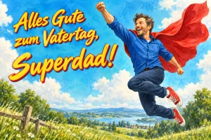 Mann mit rotem Umhang springt jubelnd über eine Wiese, Text: Alles Gute zum Vatertag, – Superdad!
