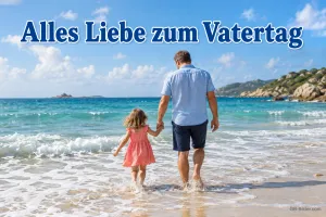 Vater und Tochter gehen Hand in Hand durch die Brandung, Text: Alles Liebe zum Vatertag