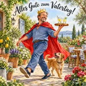 Lachender Mann mit Krone und Umhang serviert Getränke, Hund läuft mit, Text: Alles Gute zum Vatertag!