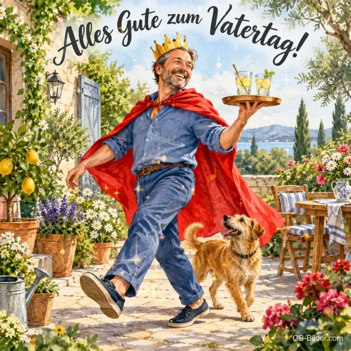 Lachender Mann mit Krone und Umhang serviert Getränke, Hund läuft mit, Text: Alles Gute zum Vatertag! Lachender Mann mit Krone und Umhang serviert Getränke, Hund läuft mit, Text: Alles Gute zum Vatertag!