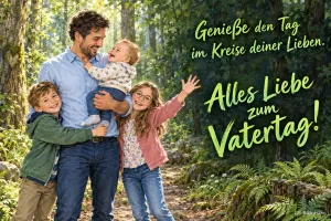 Lachender Vater mit Baby und zwei Kindern im Wald, Text: Genieße den Tag im Kreise deiner Lieben. – Alles Liebe zum Vatertag!