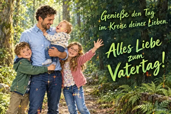Lachender Vater mit Baby und zwei Kindern im Wald, Text: Genieße den Tag im Kreise deiner Lieben. – Alles Liebe zum Vatertag! Lachender Vater mit Baby und zwei Kindern im Wald, Text: Genieße den Tag im Kreise deiner Lieben. – Alles Liebe zum Vatertag!