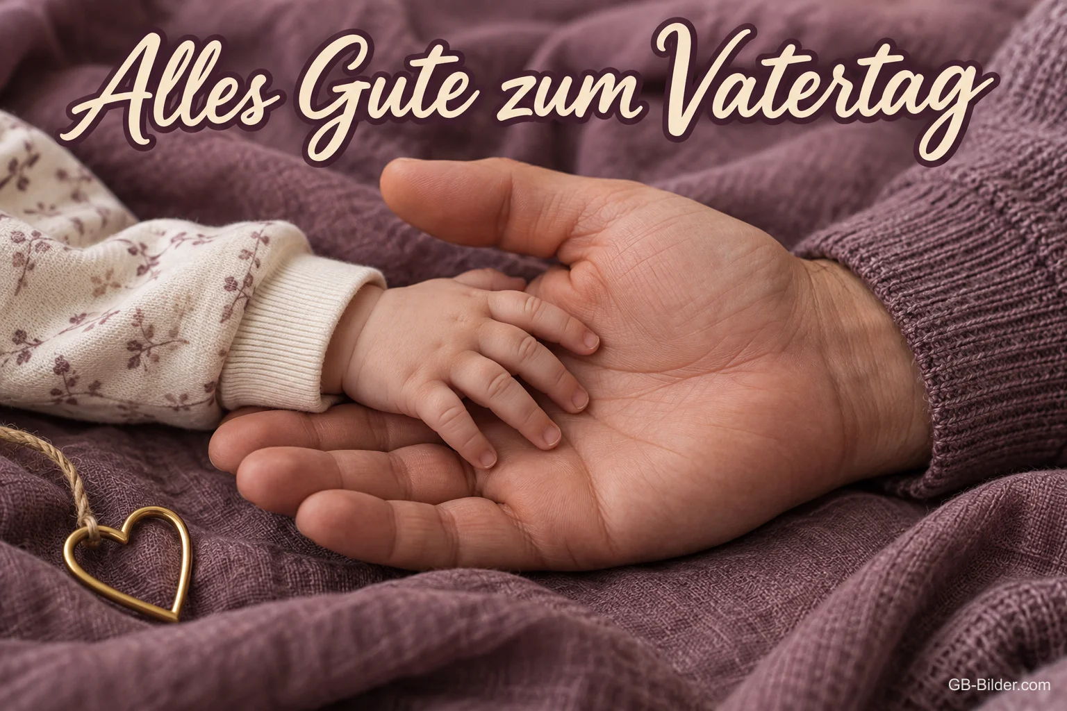 Babyhand liegt in einer Vaterhand, goldenes Herz, Text: Alles Gute zum Vatertag Babyhand liegt in einer Vaterhand, goldenes Herz, Text: Alles Gute zum Vatertag