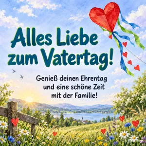 Roter Herzdrachen über einer Sommerwiese mit See, Text: Alles Liebe zum Vatertag! – Genieß deinen Ehrentag und eine schöne Zeit mit der Familie!