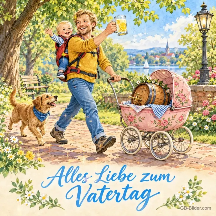 Vater mit Baby trägt im Kinderwagen ein Fass, Hund läuft mit, Text: Alles Liebe zum Vatertag Vater mit Baby trägt im Kinderwagen ein Fass, Hund läuft mit, Text: Alles Liebe zum Vatertag