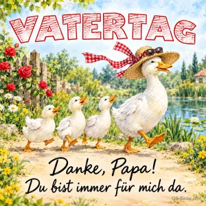 Entenvater mit Strohhut führt drei Küken über einen Weg, Text: VATERTAG – Danke, Papa! Du bist immer für mich da.