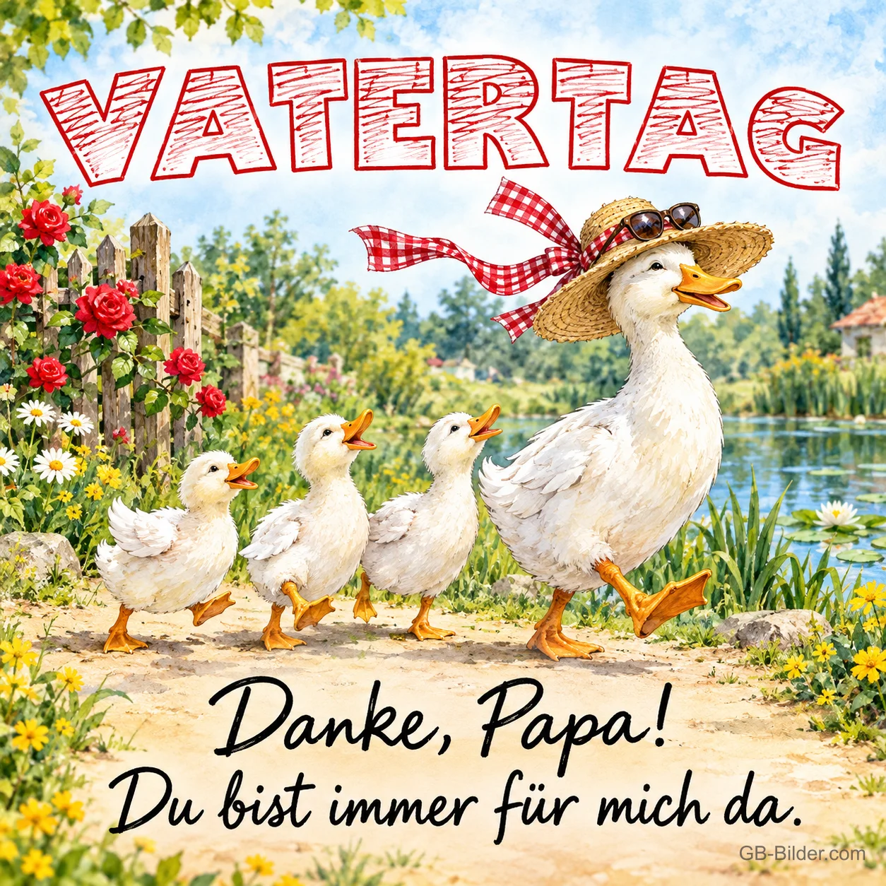 Entenvater mit Strohhut führt drei Küken über einen Weg, Text: VATERTAG – Danke, Papa! Du bist immer für mich da. Entenvater mit Strohhut führt drei Küken über einen Weg, Text: VATERTAG – Danke, Papa! Du bist immer für mich da.