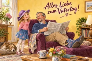 Vater liest Zeitung im Sessel, Tochter mit Hut steht daneben, Text: Alles Liebe – zum Vatertag!