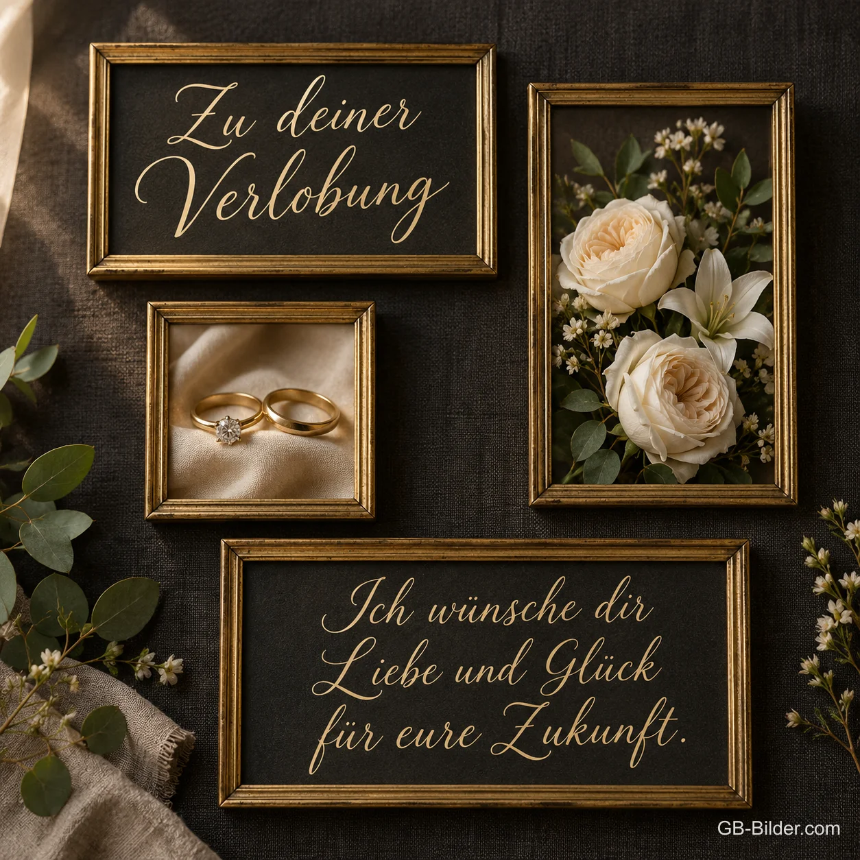 Goldene Rahmen mit Ringen und Rosen, Text: Zu deiner Verlobung Goldene Rahmen mit Ringen und Rosen, Text: Zu deiner Verlobung