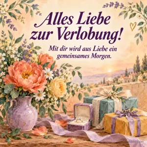 Blumenstrauß mit Geschenken und Ring, Text: Alles Liebe zur Verlobung