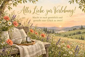 Bank mit Ringkästchen in der Wiese, Text: Alles Liebe zur Verlobung