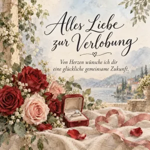Rote Rosen und Ringkästchen, Text: Alles Liebe zur Verlobung