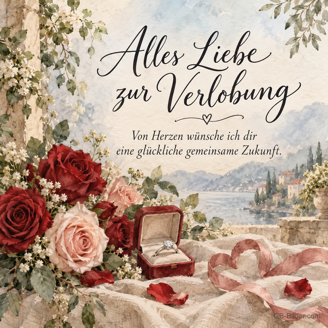 Rote Rosen und Ringkästchen, Text: Alles Liebe zur Verlobung
