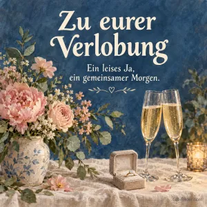 Sektgläser und Ringkästchen, Text: Zu eurer Verlobung