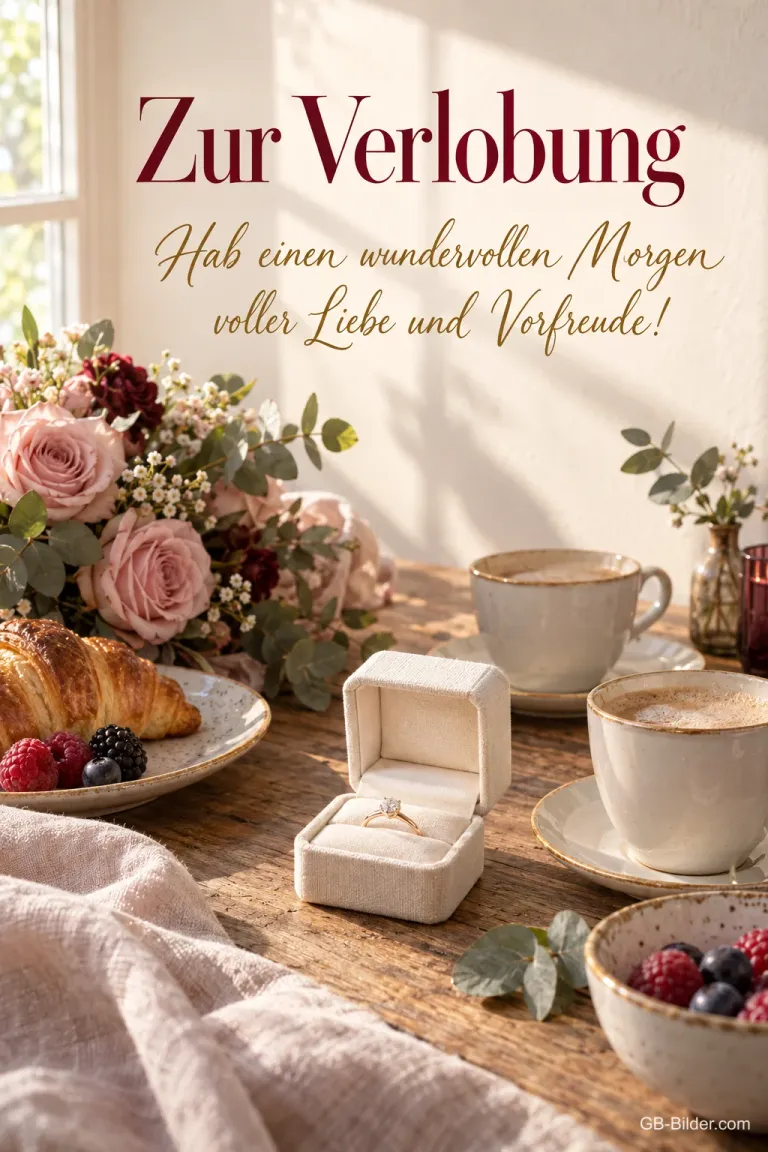 Frühstückstisch mit Ringkästchen, Text: Zur Verlobung