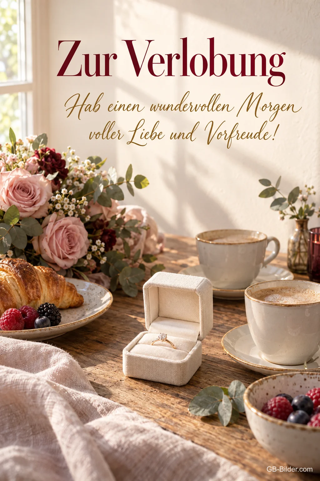 Frühstückstisch mit Ringkästchen, Text: Zur Verlobung