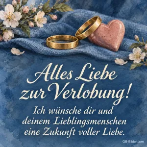 Goldene Ringe auf blauem Stoff, Text: Alles Liebe zur Verlobung