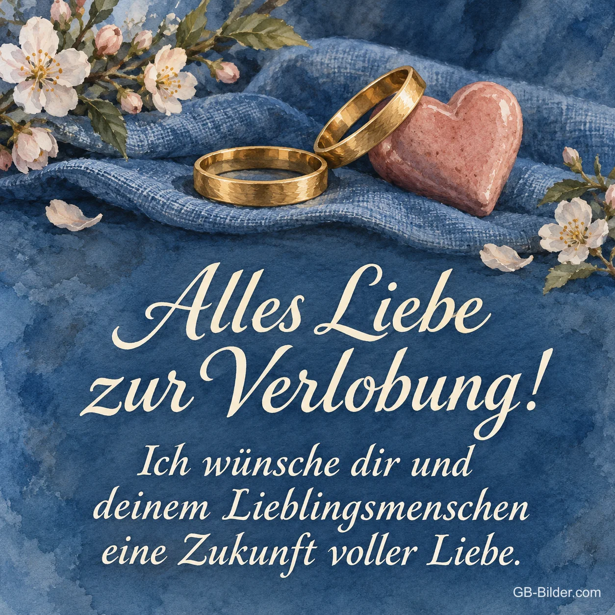 Goldene Ringe auf blauem Stoff, Text: Alles Liebe zur Verlobung