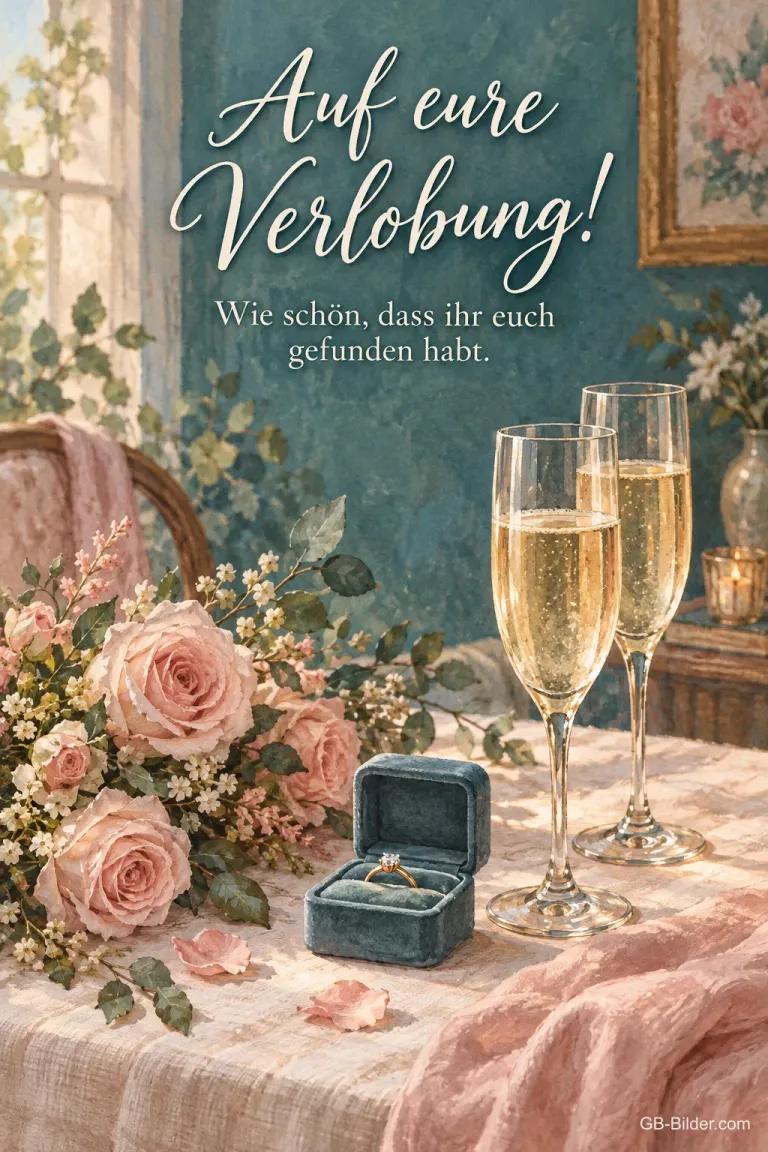 Sektgläser mit Rosen, Text: Auf eure Verlobung