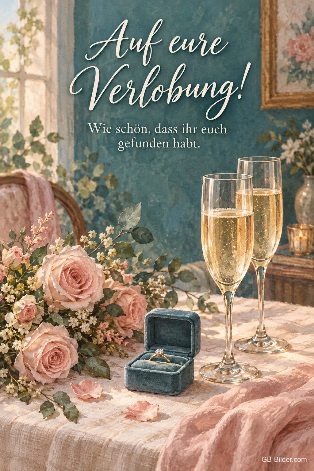 Sektgläser mit Rosen, Text: Auf eure Verlobung