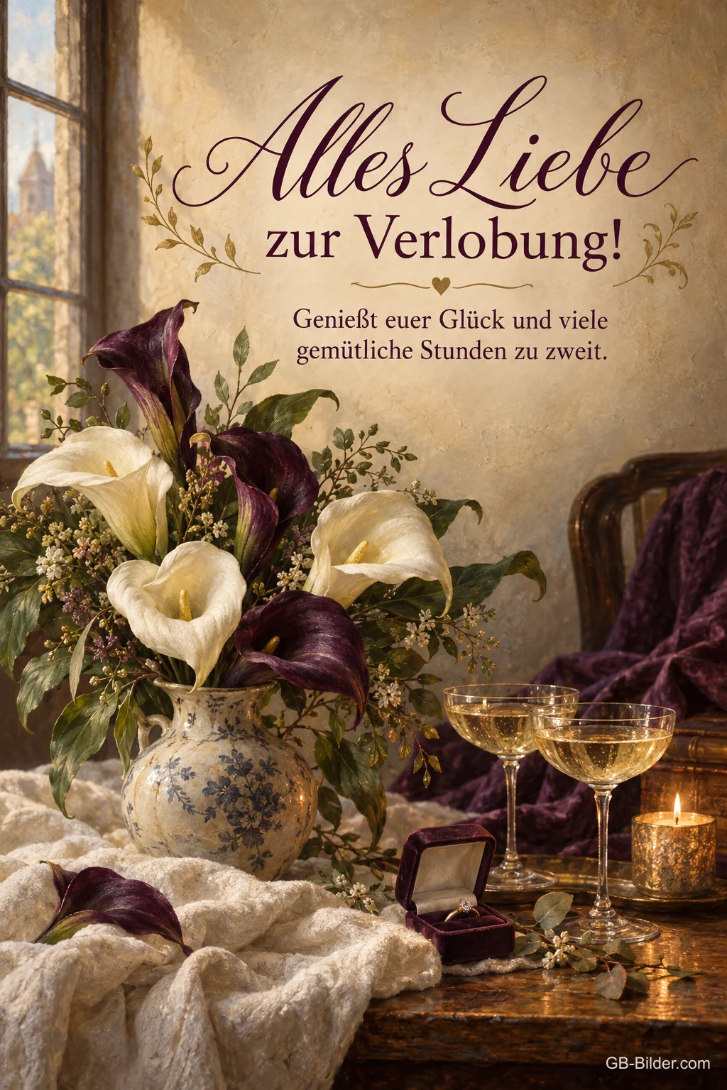 Calla-Lilien mit Sektgläsern, Text: Alles Liebe zur Verlobung Calla-Lilien mit Sektgläsern, Text: Alles Liebe zur Verlobung