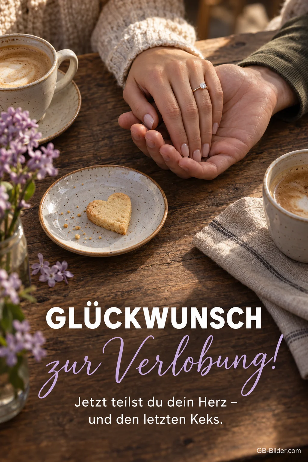 Hände mit Verlobungsring, lustiger Text, Text: Glückwunsch zur Verlobung