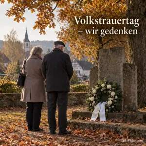 Ein älteres Paar steht unter Herbsteichen vor einem Kranz aus Tanne und weißen Rosen an einem Gedenkstein im Dorf, Text: Volkstrauertag – wir gedenken