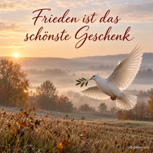 Eine weiße Taube mit Ölzweig fliegt über ein nebliges Herbstfeld im Morgenlicht, Text: Frieden ist das schönste Geschenk