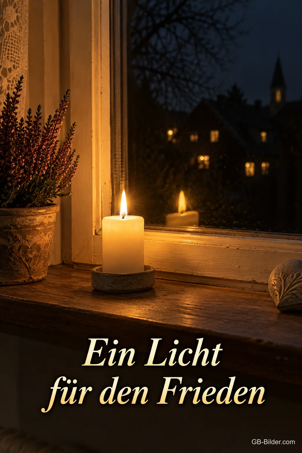 Eine Kerze brennt nachts in einem Fenster, draußen liegt ein stilles Dorf, Text: Ein Licht für den Frieden Eine Kerze brennt nachts in einem Fenster, draußen liegt ein stilles Dorf, Text: Ein Licht für den Frieden