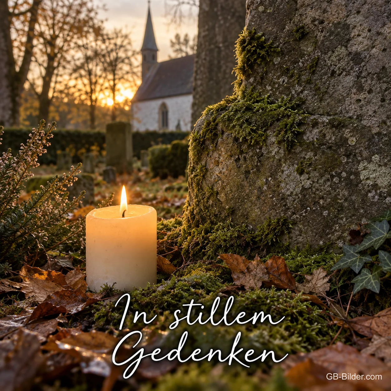 Eine Kerze brennt neben einem moosbewachsenen Gedenkstein vor einer kleinen Kirche, Text: In stillem Gedenken Eine Kerze brennt neben einem moosbewachsenen Gedenkstein vor einer kleinen Kirche, Text: In stillem Gedenken