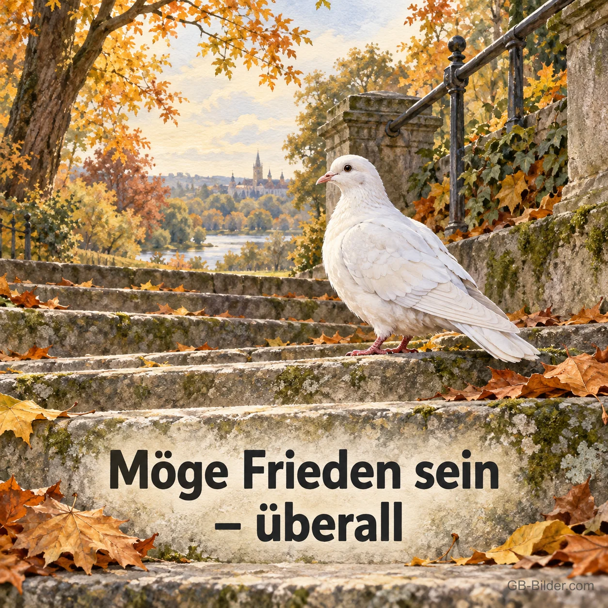 Eine weiße Taube sitzt auf alten Steinstufen in einem herbstlichen Park, Text: Möge Frieden sein – überall